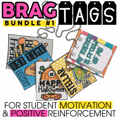 Bright colorful brag tags bundle for student motivation and positive reinforcement, featuring Halloween, friendship, and classroom achievement themes, perfect for classroom rewards and motivation.