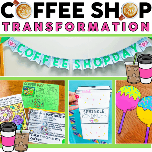 Colorful coffee shop themed classroom transformation for educational activities and learning centers.