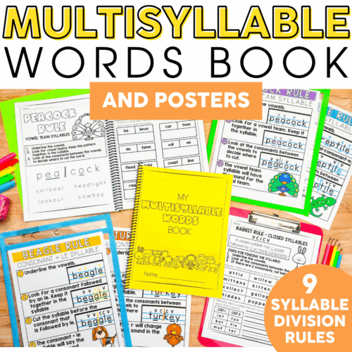 Multisyllable Words Book with posters for teaching 9-syllable division rules, featuring colorful worksheets and engaging activities for early learners.