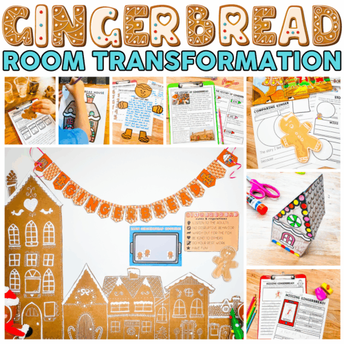 A gingerbread-themed classroom transformation with gingerbread house decorations, student activities, and festive crafts for Gingerbread Day celebrations.