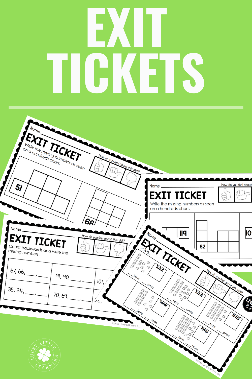 A colorful image showcasing a set of 2nd grade math exit tickets with various question formats, designed for classroom assessment and student practice, perfect for teachers seeking engaging math reso.