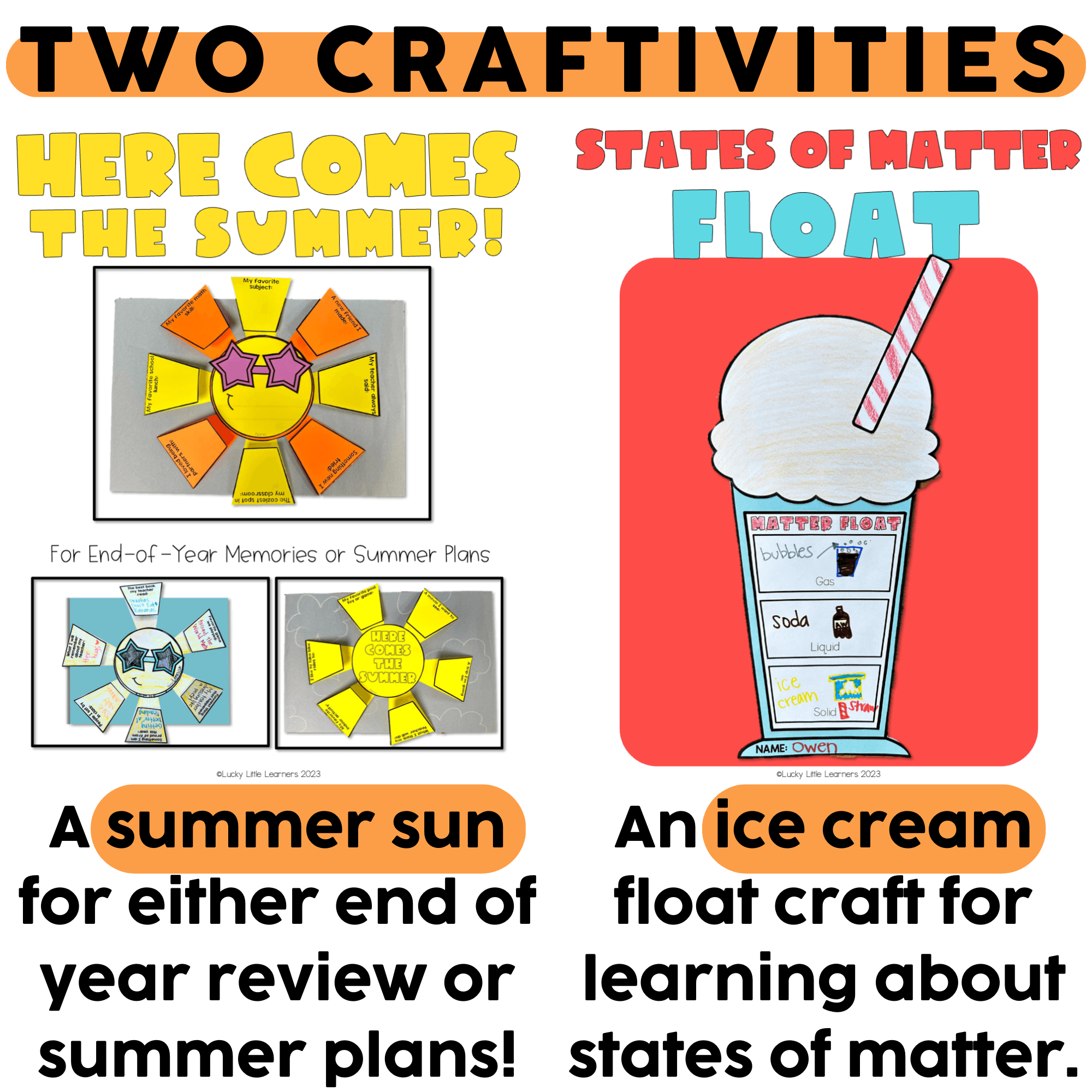 Hallway display projects bundle featuring summer craftivities and states of matter ice cream float craft for classroom decor and learning activities.