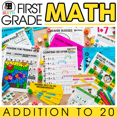 A colorful collection of first-grade math worksheets and educational activities focused on addition within 20, featuring engaging puzzles, visual aids, and hands-on learning tools for young learners.