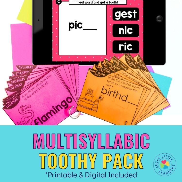 Multisyllabic Toothy® Pack for teaching multisyllabic words, includes printable and digital games, colorful flashcards, and engaging activities for early learners, perfect for speech therapy and clas.