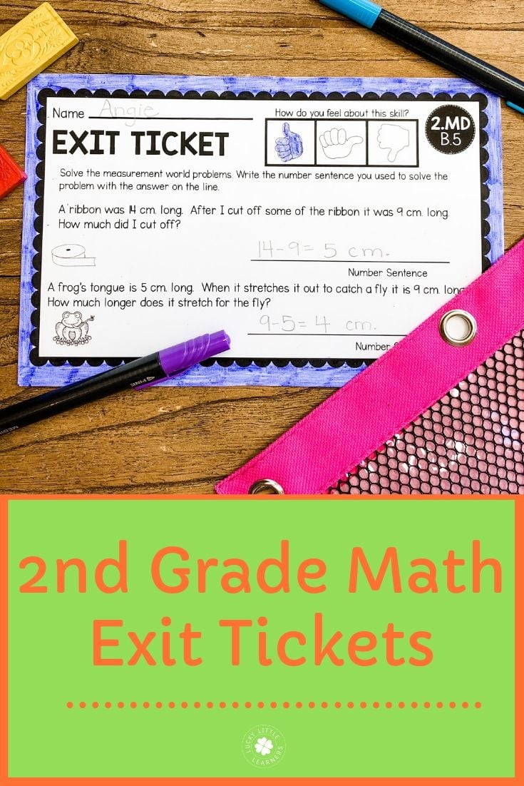 Solve 2nd Grade Math Exit Tickets Bundle for engaging math practice, including measurement, addition, and subtraction problems designed for 2nd grade students. Perfect for classroom or homeschool use.