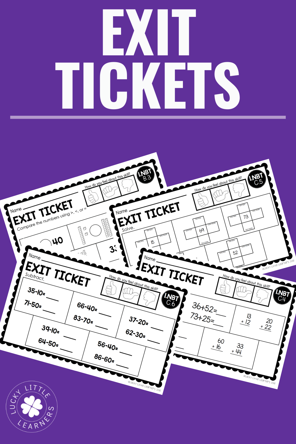 A colorful image of 2nd grade math exit tickets bundle featuring printable worksheets with math problems, perfect for classroom assessment and student practice, designed by Lucky Little Learners.