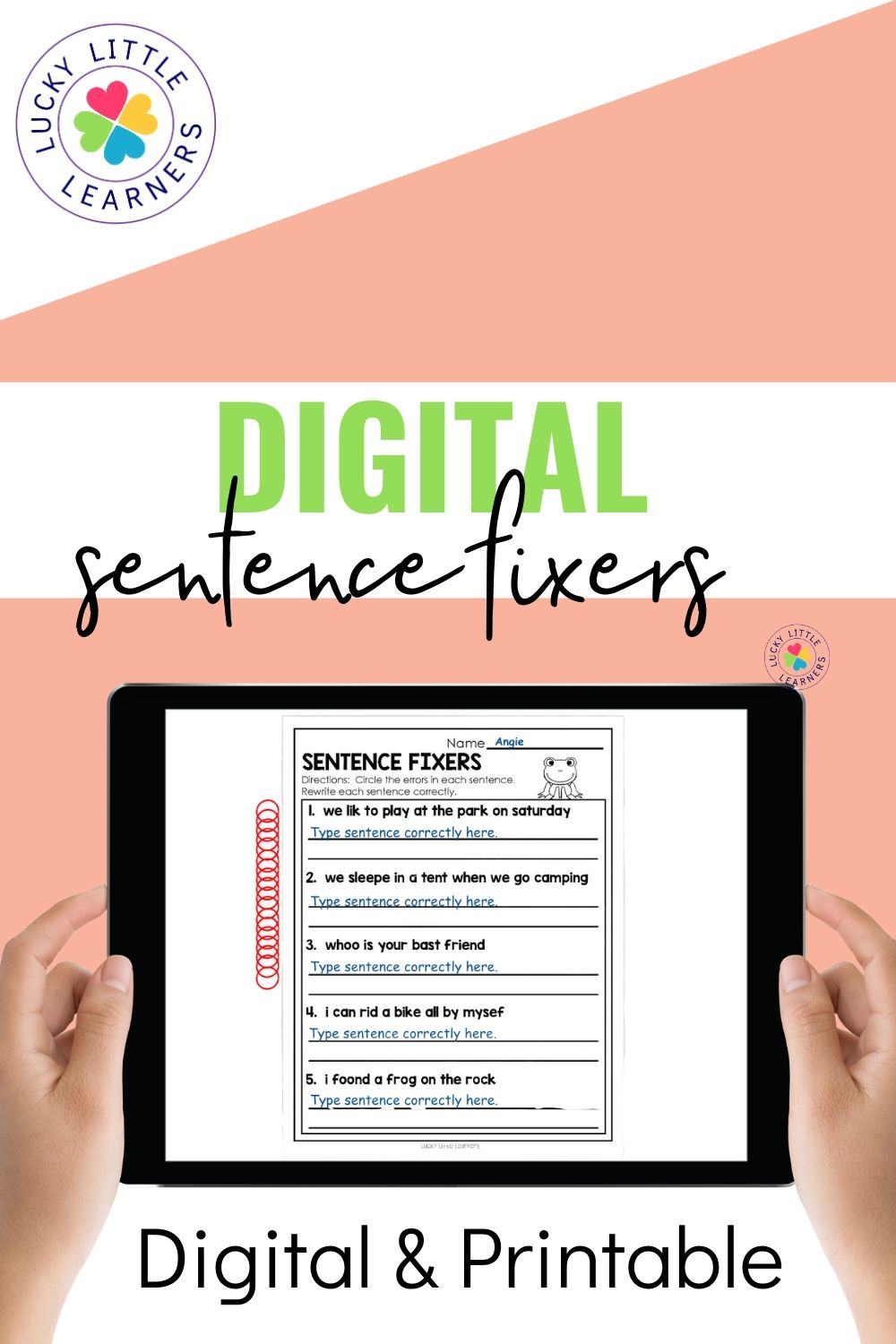 A colorful digital and printable worksheet titled "Sentence Fixers" designed to help students correct and improve their sentences, perfect for literacy and language learning activities.