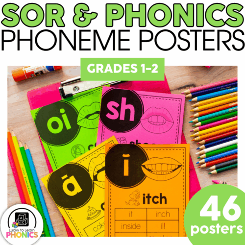 Colorful phonics posters for 1st grade, featuring decodable passages and vowel sounds like oi, sh, and i, designed to enhance early reading skills and phonemic awareness.