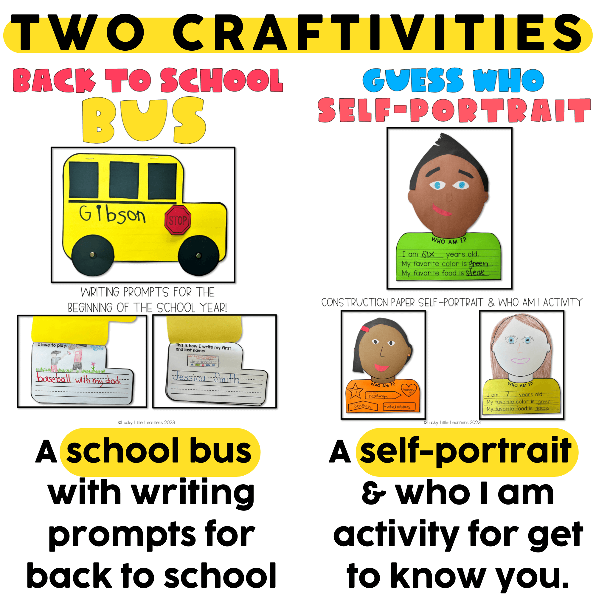 A colorful hallway display project featuring a school bus with writing prompts for back-to-school, and a self-portrait activity to help students introduce themselves, perfect for classroom decor.