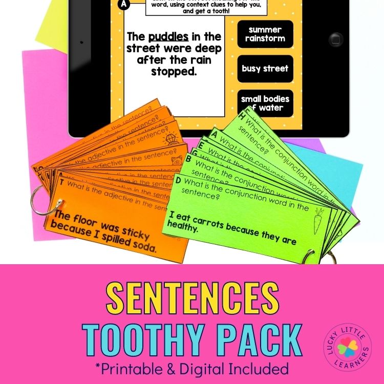 A colorful set of printable and digital sentence cards from the Sentences Toothy® Pack by Lucky Little Learners, designed for engaging language and sentence structure practice.