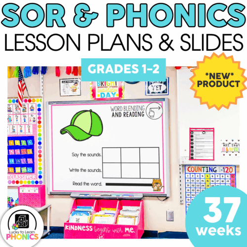An engaging classroom scene showcasing phonics lesson plans and teaching slides for grades 1-2, featuring colorful educational materials, a whiteboard, and organized learning resources for effective.