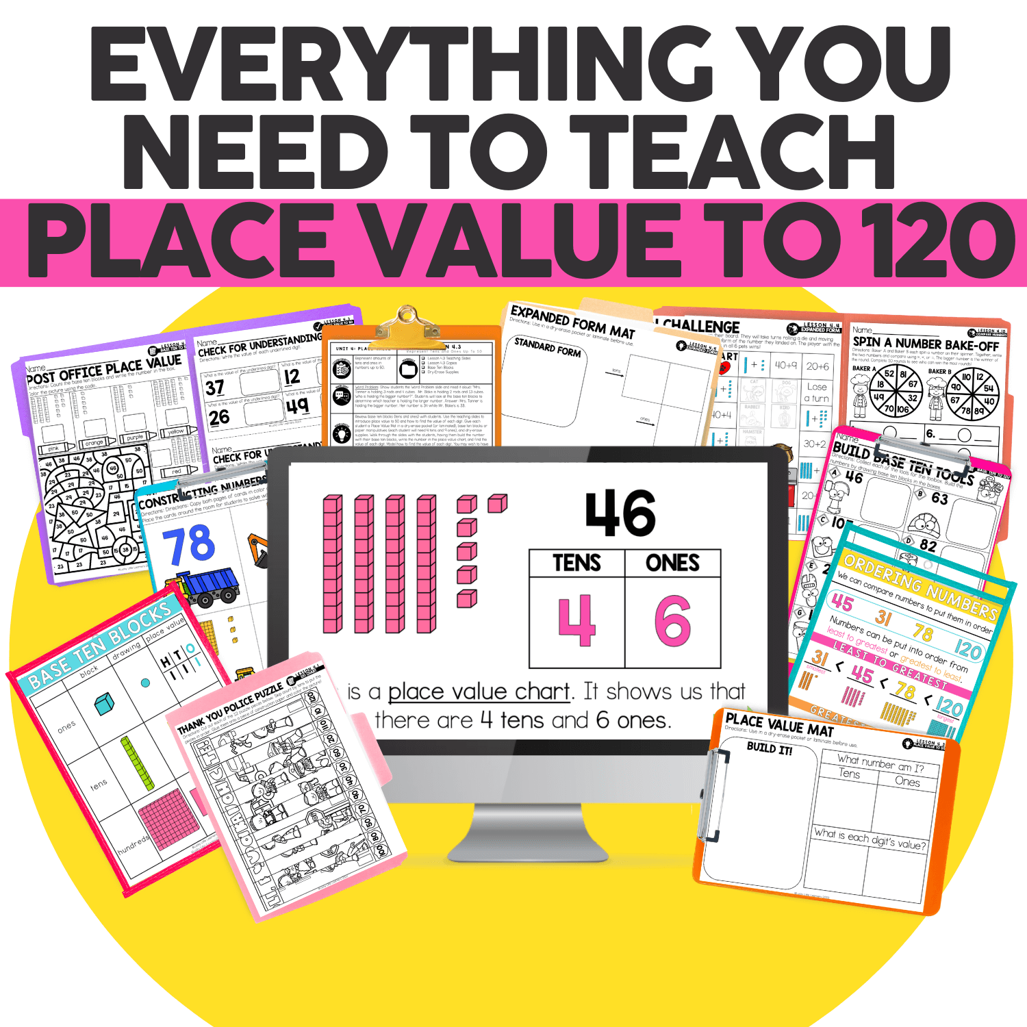 Engaging educational resources for teaching place value within 120, including charts, worksheets, and activities to enhance student understanding of tens and ones.
