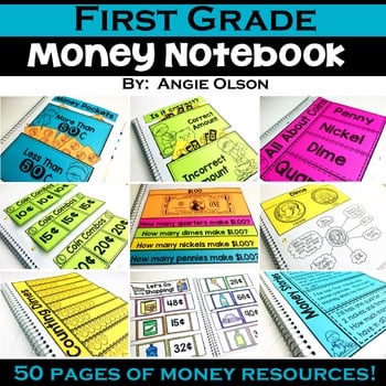 A colorful first grade money notebook cover featuring various money-related activities, including counting coins, making change, and practicing dollar and cent amounts, designed for early learners.