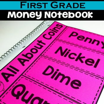 All About Coins - First Grade Money Notebook for 1st graders to learn about pennies, nickels, dimes, and quarters with engaging activities and colorful design.