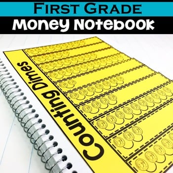 A colorful 1st grade money notebook cover with coin illustrations, designed to help young students learn counting and money skills in a fun and engaging way.