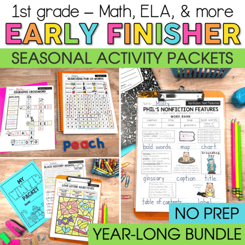 Enhance early learning with the Lucky Little Learners Early Finishers Packets Bundle for 1st Grade, featuring engaging math, ELA, and seasonal activity packets to support independent student practice.