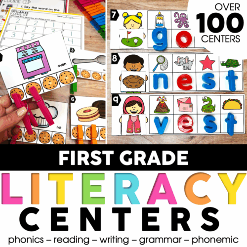 First grade literacy centers bundle with over 100 engaging activities for phonics, reading, writing, grammar, and phonemic awareness, perfect for early elementary classroom instruction.