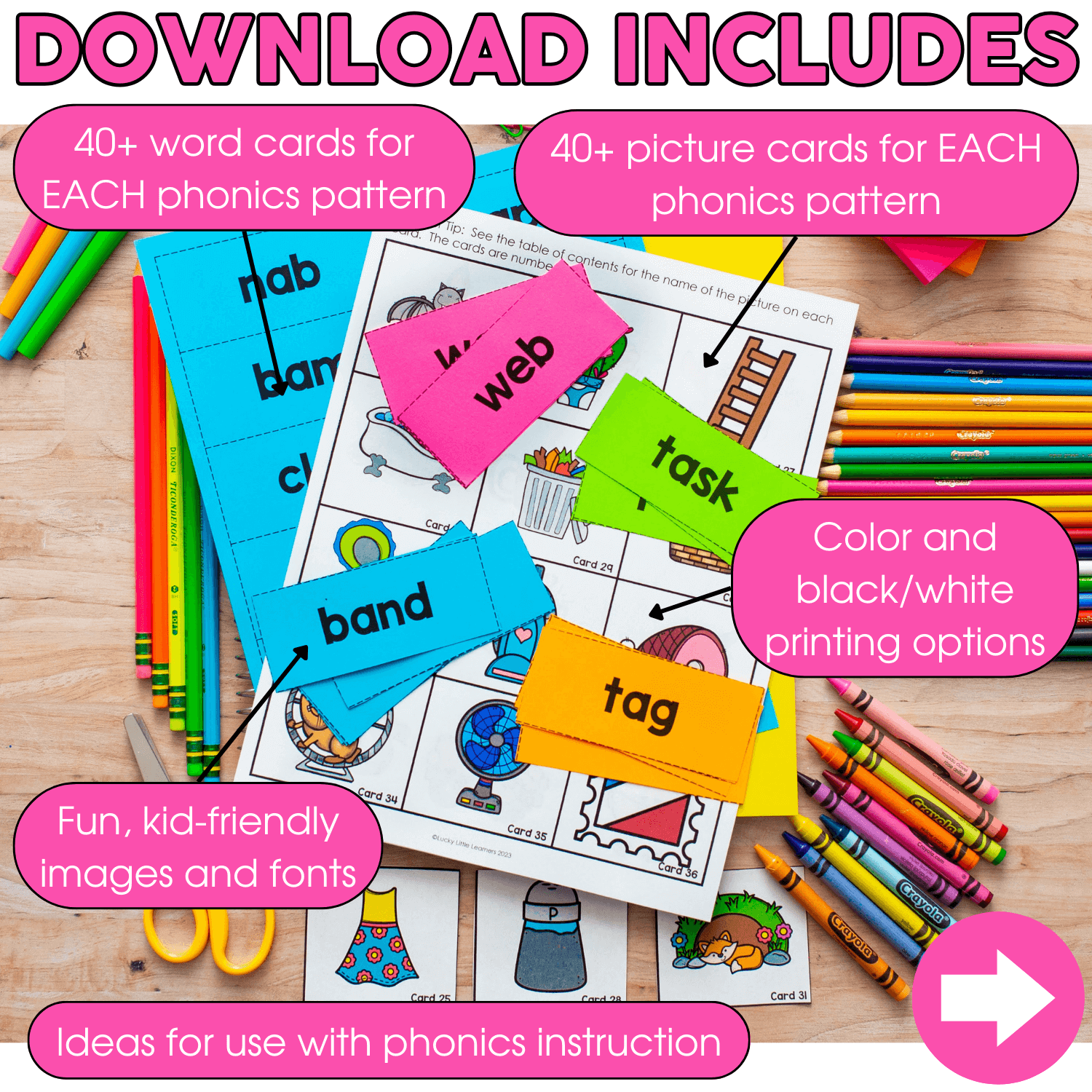Engaging phonics activity with colorful word and picture cards for end-of-year learning, featuring fun fonts, kid-friendly images, and printable options for classroom or homeschool use.