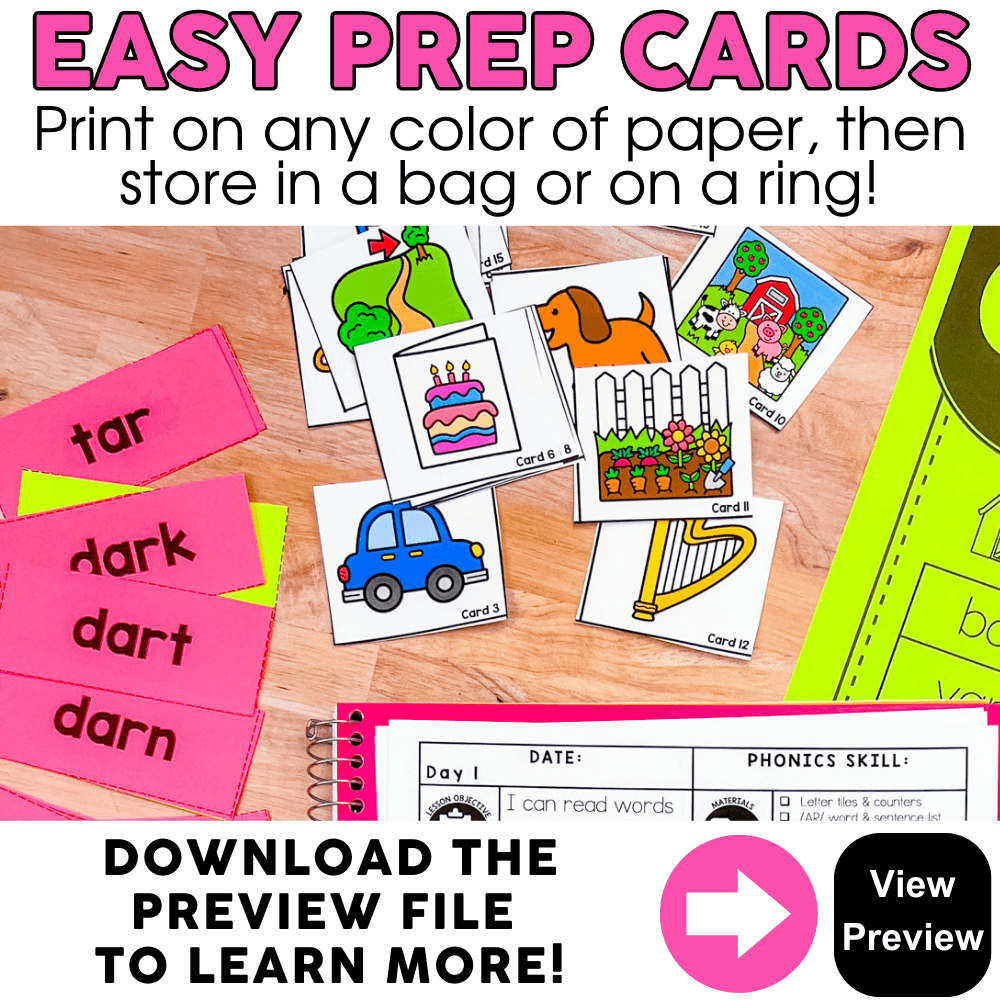 A colorful educational set of easy prep cards featuring decodable words and images for 1st grade reading practice, perfect for phonics skill development and literacy activities.