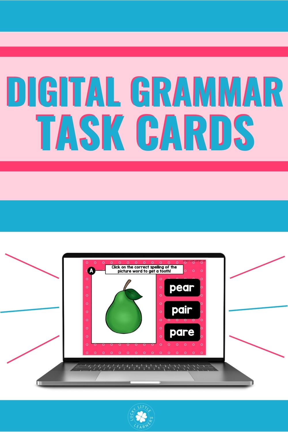 Digital Toothy Grammar Task Cards for 2nd and 3rd grade, focusing on digital literacy, grammar skills, and phonics, featuring colorful design and interactive activities for young learners.