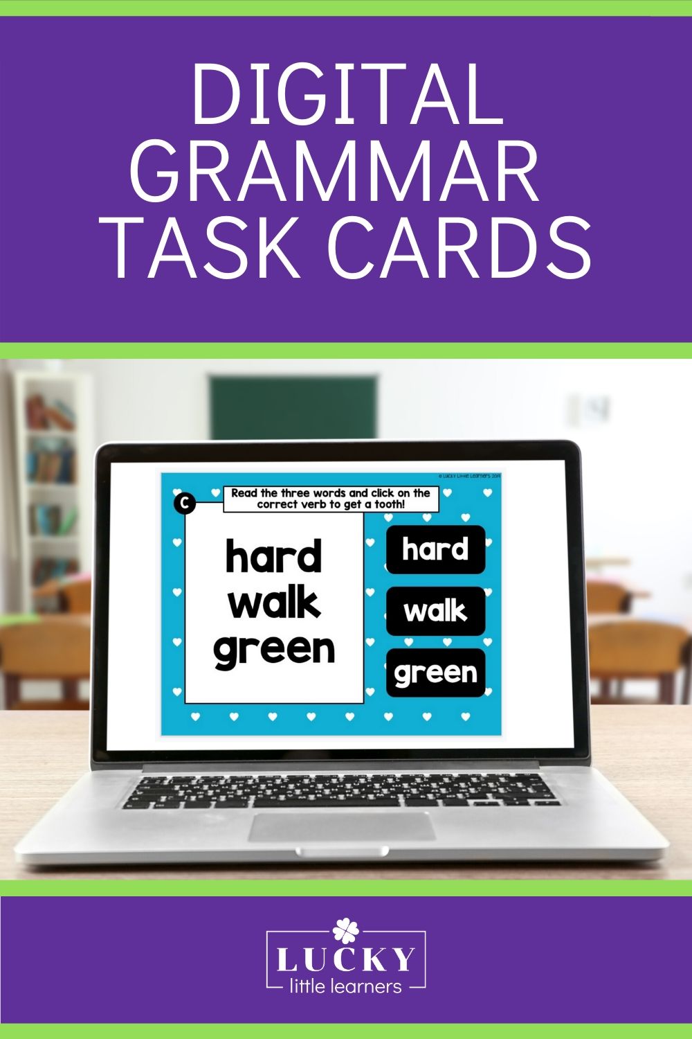 A colorful digital image of a laptop displaying digital grammar task cards for 2nd and 3rd grade students, focusing on the words "hard," "walk," and "green" for educational use.
