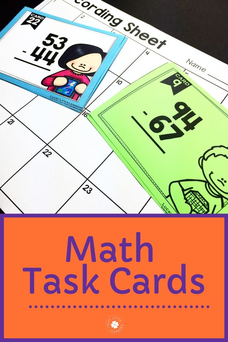A detailed image of math task cards for centers and games, featuring colorful cards with subtraction problems and illustrations, designed to engage students in math practice.