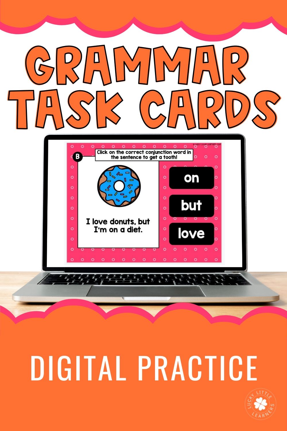 A colorful digital image of grammar task cards displayed on a laptop screen, featuring interactive exercises for 2nd and 3rd grade students to practice conjunctions, with bold text and engaging desig.