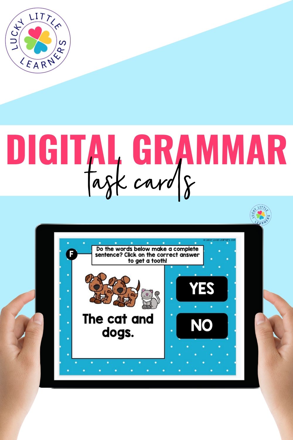 The image shows a digital grammar task card for 2nd and 3rd grade students, featuring a sentence about cats and dogs with "YES" and "NO" answer options, designed for educational use.