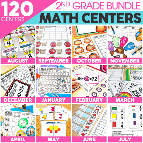An engaging 2nd Grade Math Centers Bundle featuring 120 themed centers for each month, perfect for classroom activities, skill reinforcement, and interactive learning for young students.