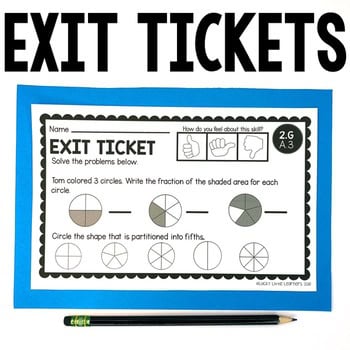 A colorful 2nd grade geometry exit ticket worksheet with circle fraction problems, shape partitioning, and space for student name, designed for engaging math review and assessment.