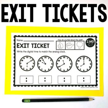 A detailed exit ticket worksheet for 2nd grade measurement and data skills, featuring analog clocks, digital time matching, and space for student responses, designed for classroom assessment and prac.