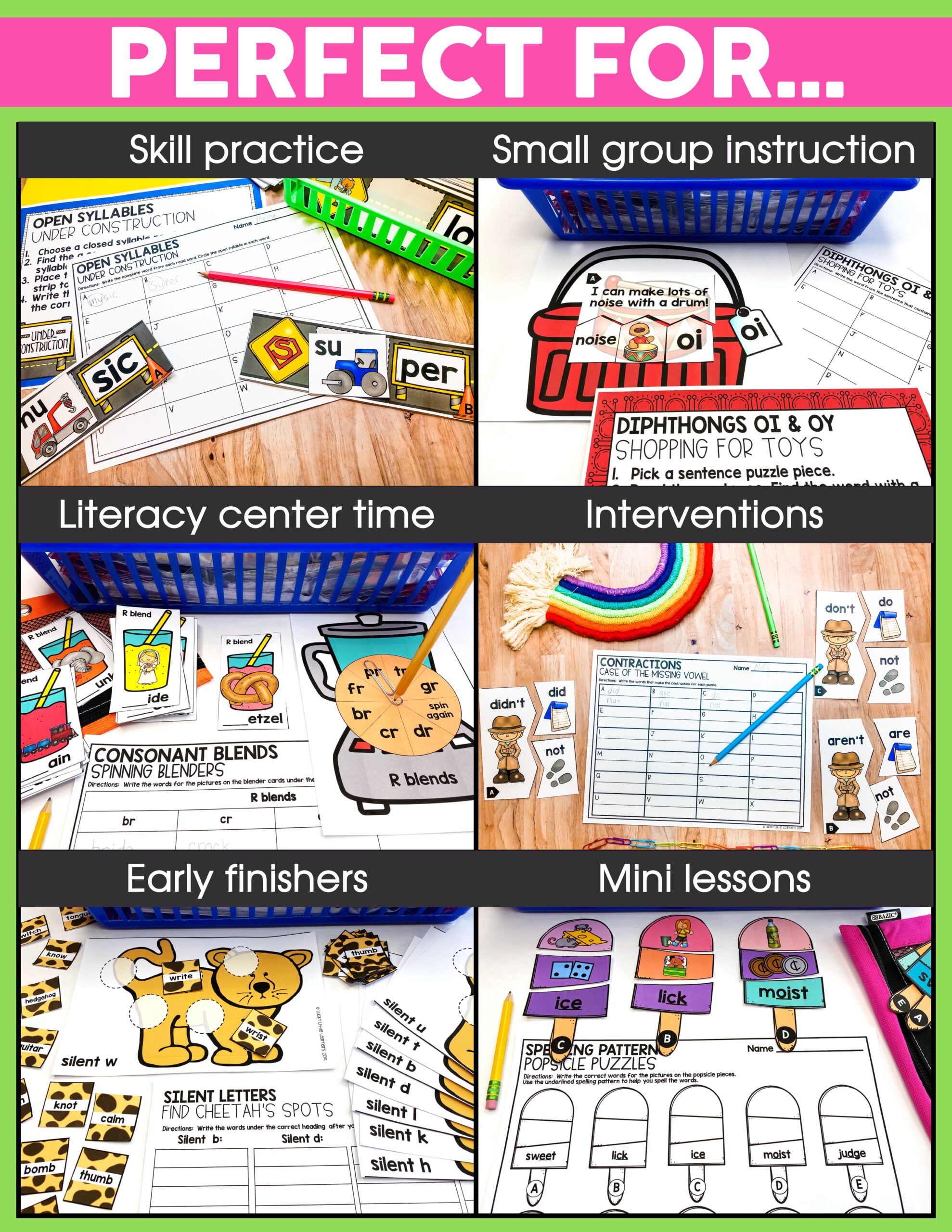 A colorful collection of 2nd Grade Phonics Centers featuring skill practice, small group instruction, literacy activities, interventions, early finishers, and mini lessons to enhance phonics skills.