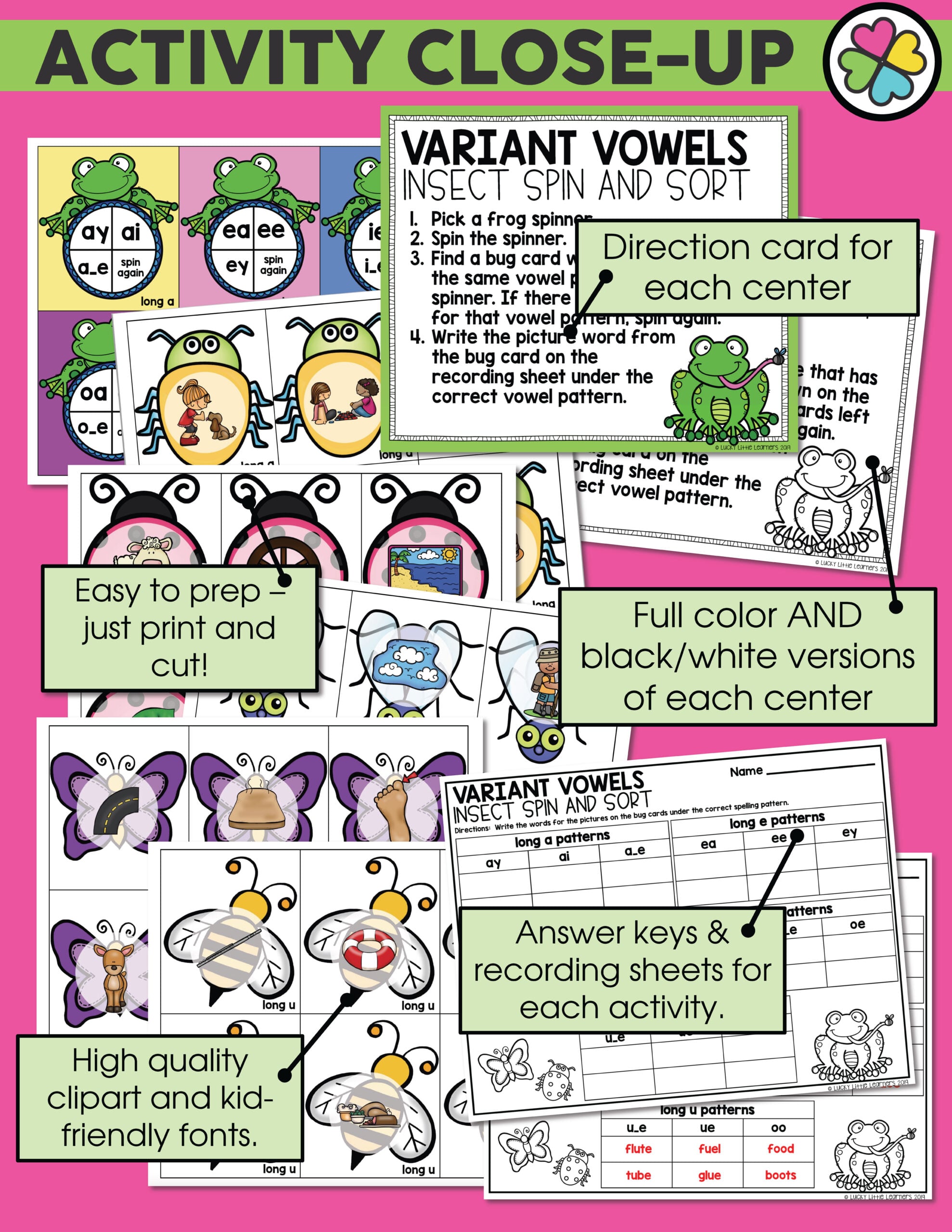 A detailed close-up of educational activity centers for 2nd grade phonics, featuring colorful vowel and consonant cards, answer keys, and printable cutouts designed to enhance early literacy skills.