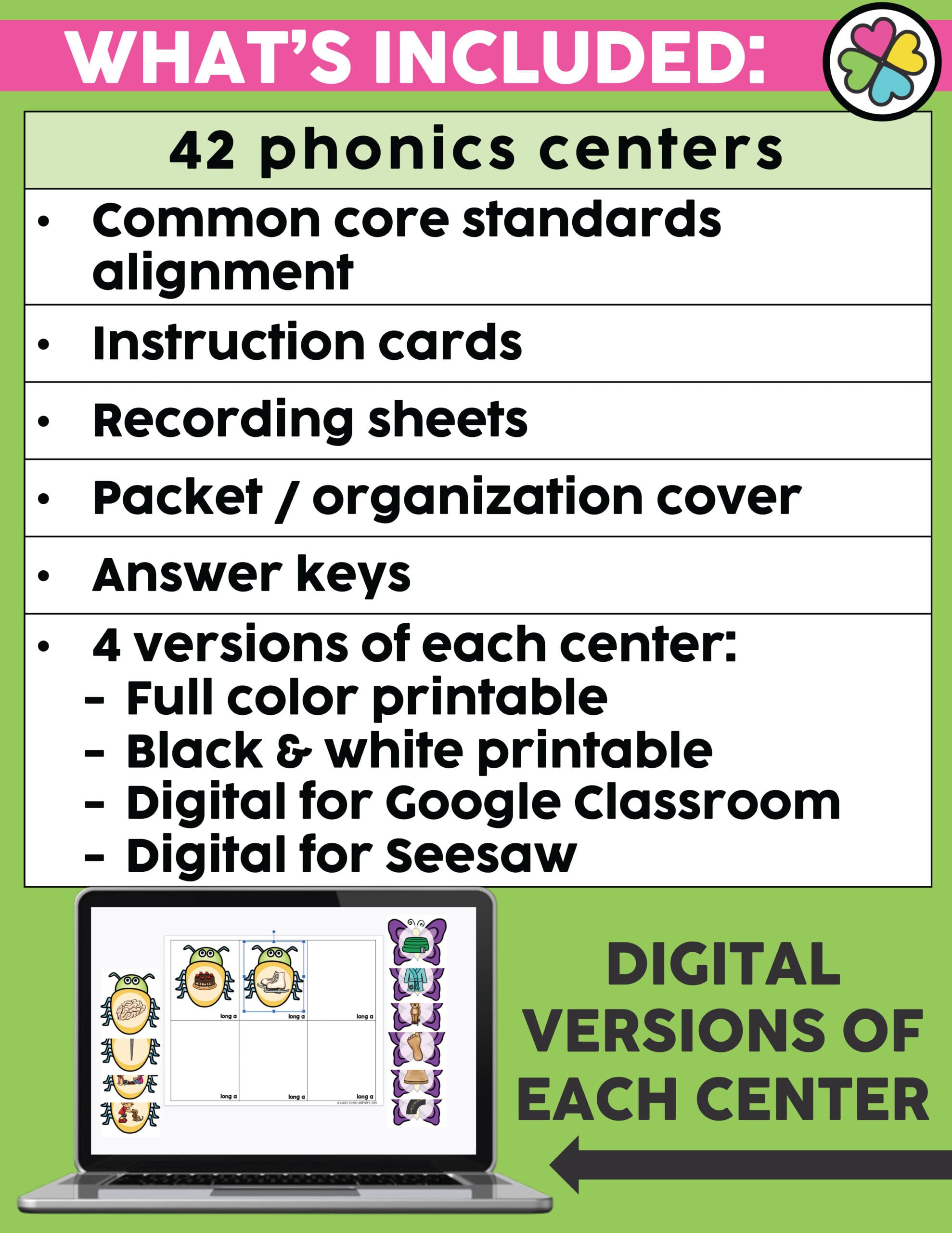 Engaging 2nd Grade Phonics Centers for early literacy development, including instruction cards, recording sheets, answer keys, and digital versions for Google Classroom and Seesaw.