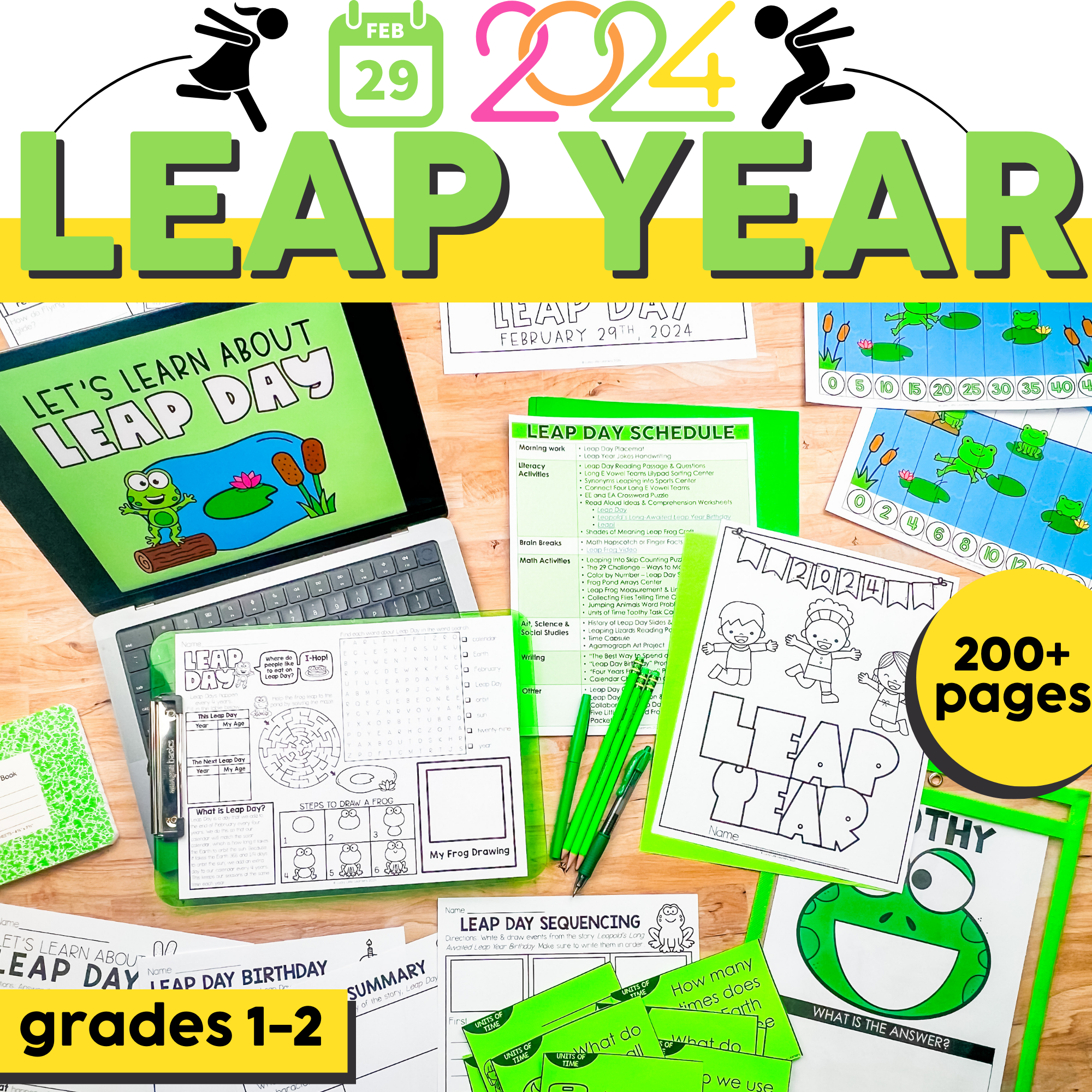 LEAP YEAR activities for grades 1-2, including printable worksheets, coloring pages, and engaging lessons to celebrate Leap Day on February 29, 2024, with fun educational resources from Lucky Little.