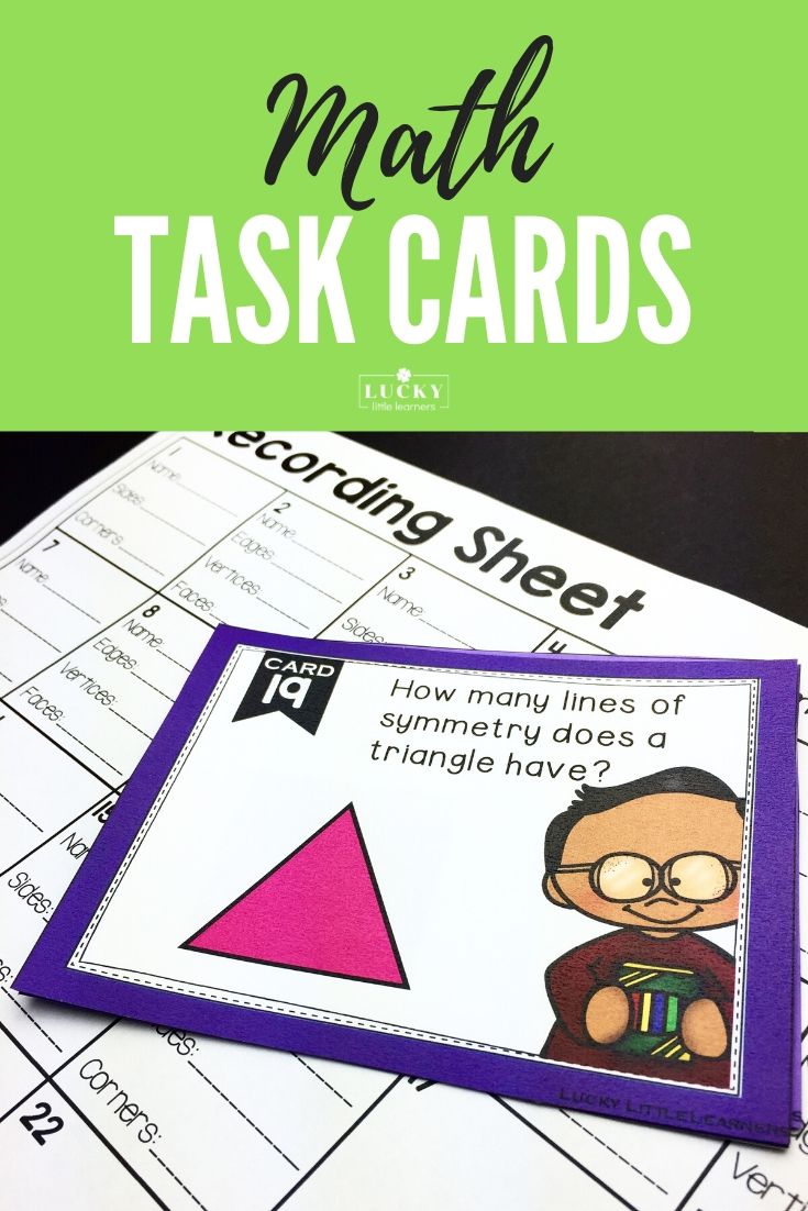 Math task cards bundle for centers and games, featuring engaging geometry questions like symmetry and triangles, perfect for early elementary math practice and classroom activities.