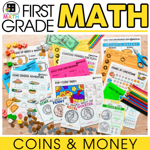A colorful educational set of 1st grade coins and money activities, including worksheets, play money, and games to teach students about counting, identifying, and understanding U.S. coins.