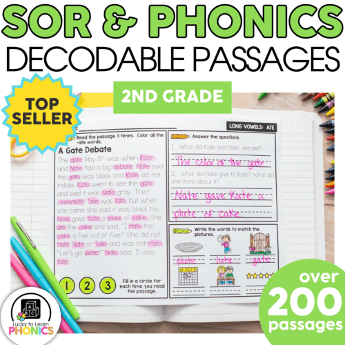 Read the image featuring decodable passages for 2nd grade phonics, highlighting over 200 passages, with colorful markers and a focus on "Sor & Phonics" for end-of-year learning success.