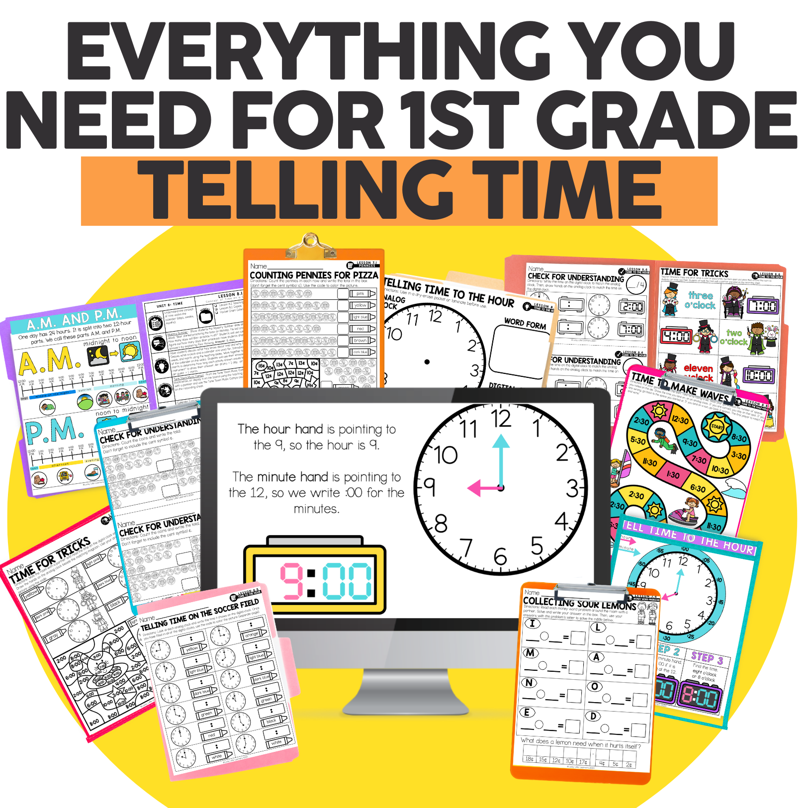 The image shows educational materials for teaching 1st grade students how to tell time, including clock diagrams, worksheets, and activity cards, designed to enhance understanding of telling time con.