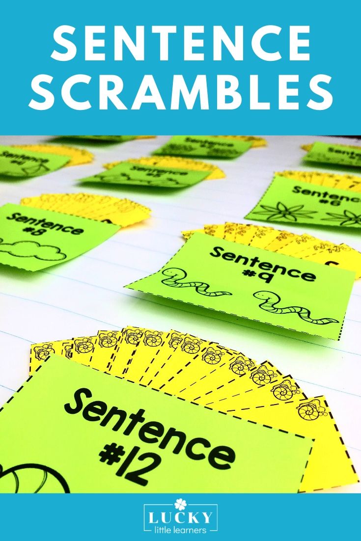 A colorful educational activity featuring bright green and yellow sentence scramble cards with fun illustrations, designed to help young learners practice sentence construction and improve literacy s.