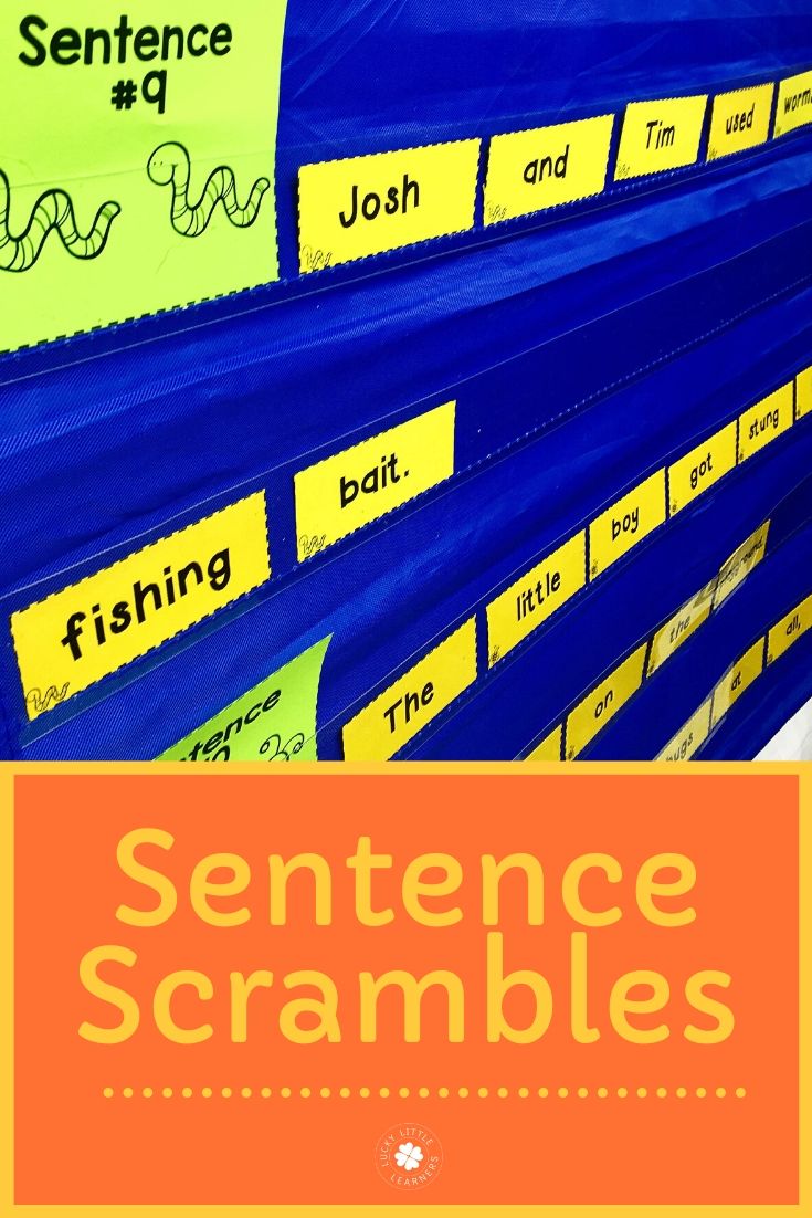 A colorful classroom display featuring sentence scramble cards with words like "fishing" and "bat," designed to help students practice sentence construction and improve literacy skills.