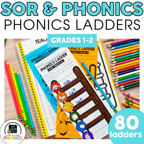 A colorful image of phonics ladders for grades 1-2, featuring 80 ladders to enhance early reading skills, with vibrant markers and educational materials for engaging phonics practice.