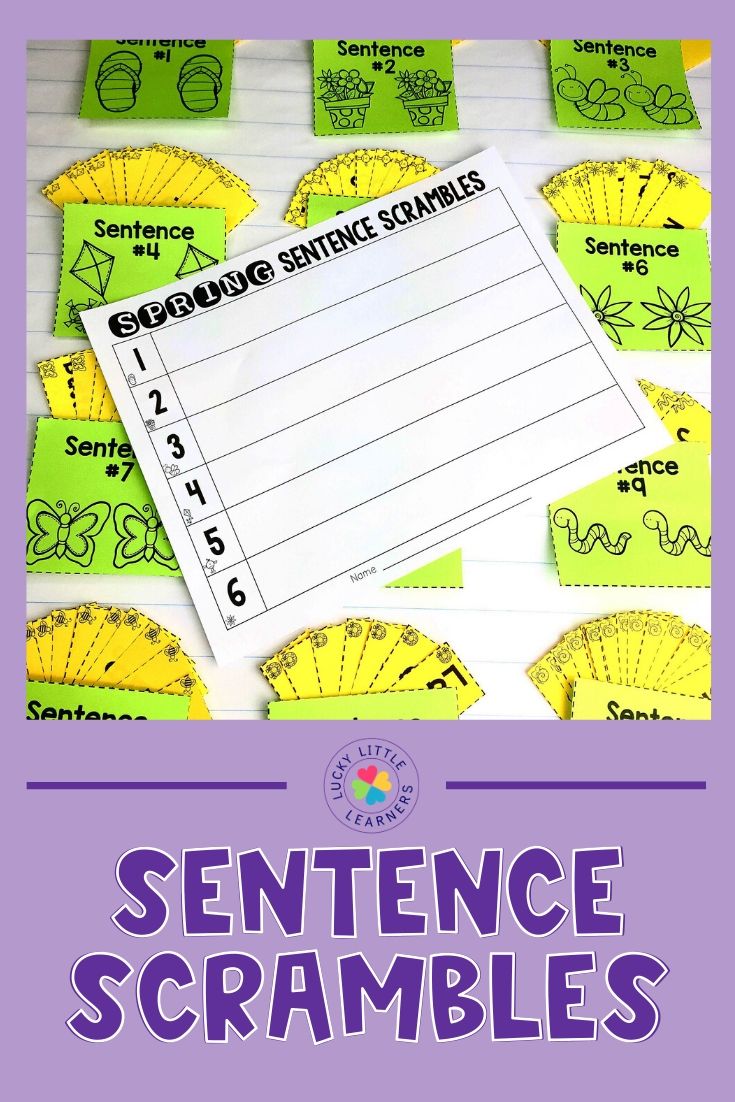 A colorful educational activity sheet titled "Spring Sentence Scrambles" with various sentence cards and a worksheet for students to practice sentence construction, ideal for early learners.