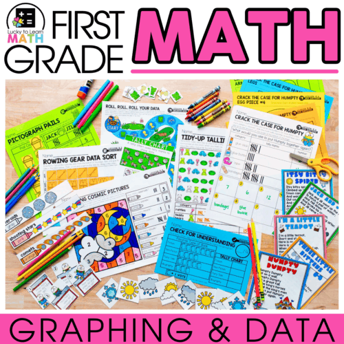 Young first grade students' math worksheets, data collection, and educational activities for early learning success.
