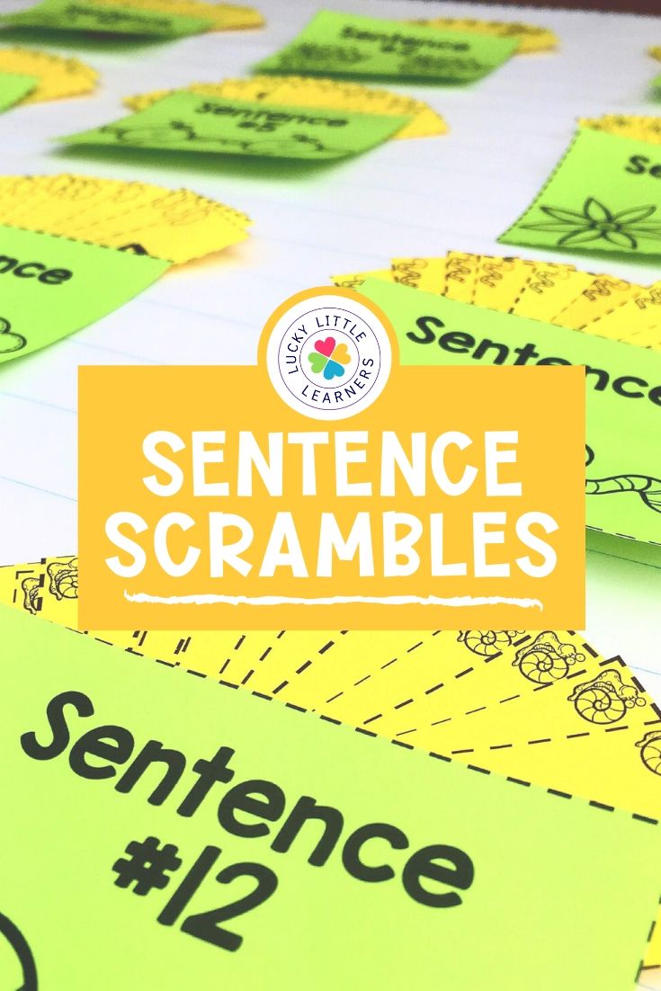 A colorful educational activity featuring green and yellow sentence scramble cards with the title "Sentence Scrambles" and "#12" for early literacy practice, ideal for classroom or homeschool use.