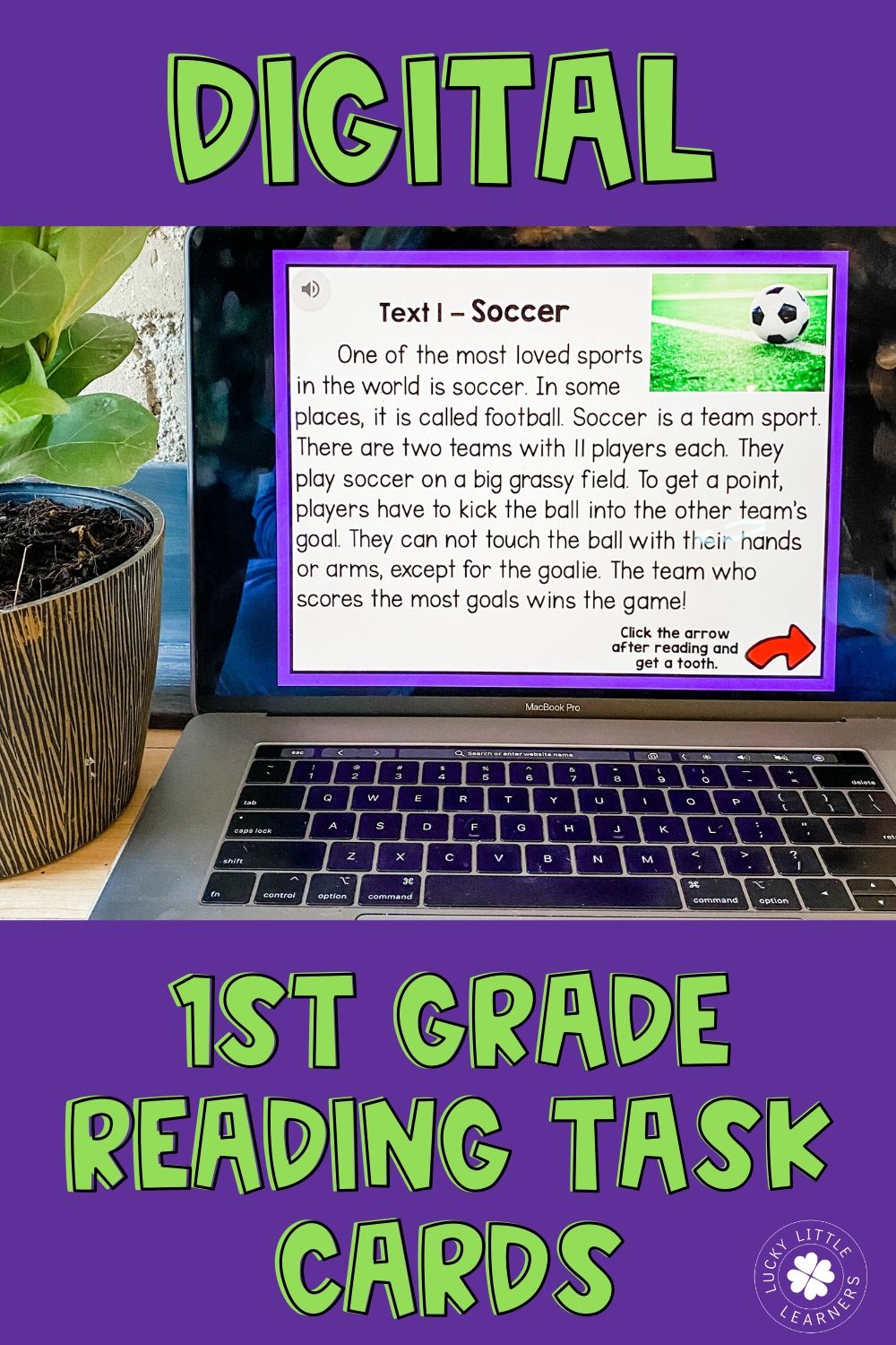 Digital 1st Grade reading task cards featuring soccer theme, designed for early elementary students to enhance reading skills with engaging, interactive content.