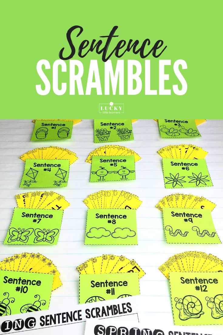 A colorful educational set of sentence scramble cards for early learners, featuring spring-themed images and fun activities to improve sentence construction skills, perfect for preschool and kinderga.