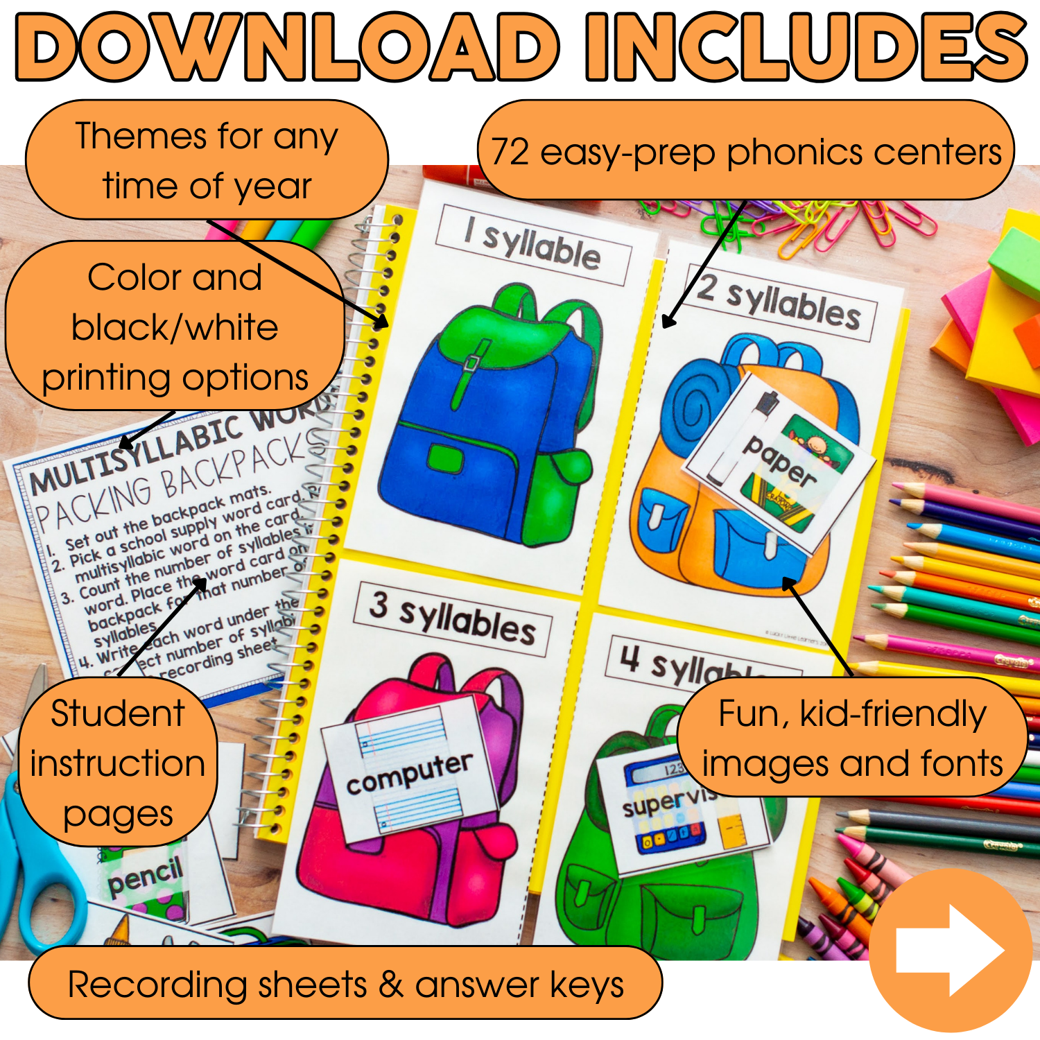 End of Year Survival Pack with colorful phonics centers, student instruction pages, recording sheets, and answer keys for engaging, kid-friendly learning activities.