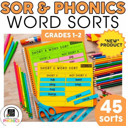 An engaging image of phonics word sorts activity for grades 1-2, featuring colorful word cards, scissors, and markers, designed to help young learners practice short a, short u, and other phonics sou.