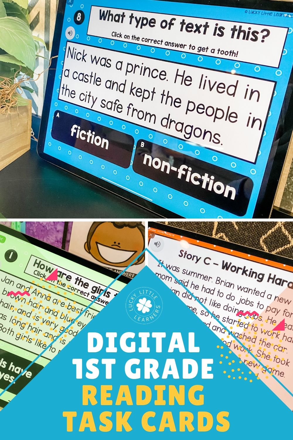 An engaging 1st Grade digital reading task card set featuring a fun "What type of text is this?" question with options for fiction and non-fiction, perfect for early literacy and reading comprehensio.